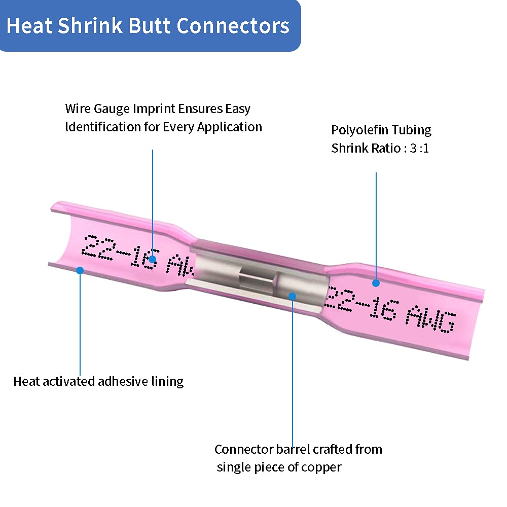 Heat Shrink Butt Connectors, 22-16 AWG 100 Pcs Red Marine Grade Insulated Crimp Wire Connectors, Waterproof Electrical Connectors Butt Splice for Boat Truck Wiring