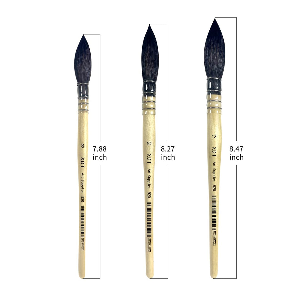 XDT#920 Round Watercolor Artist Paint Brush 3 Piece Set Medium Soft Black Goat Hair Long Handle #8#10#12, Mop Style Paint Brush for Watercolor & Acrylic & Oil