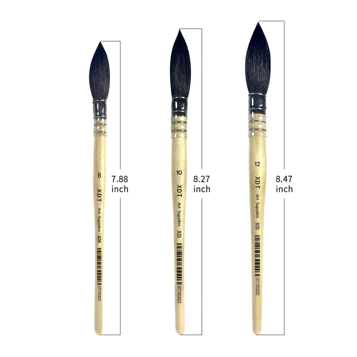XDT#920 Round Watercolor Artist Paint Brush 3 Piece Set Medium Soft Black Goat Hair Long Handle #8#10#12, Mop Style Paint Brush for Watercolor & Acrylic & Oil