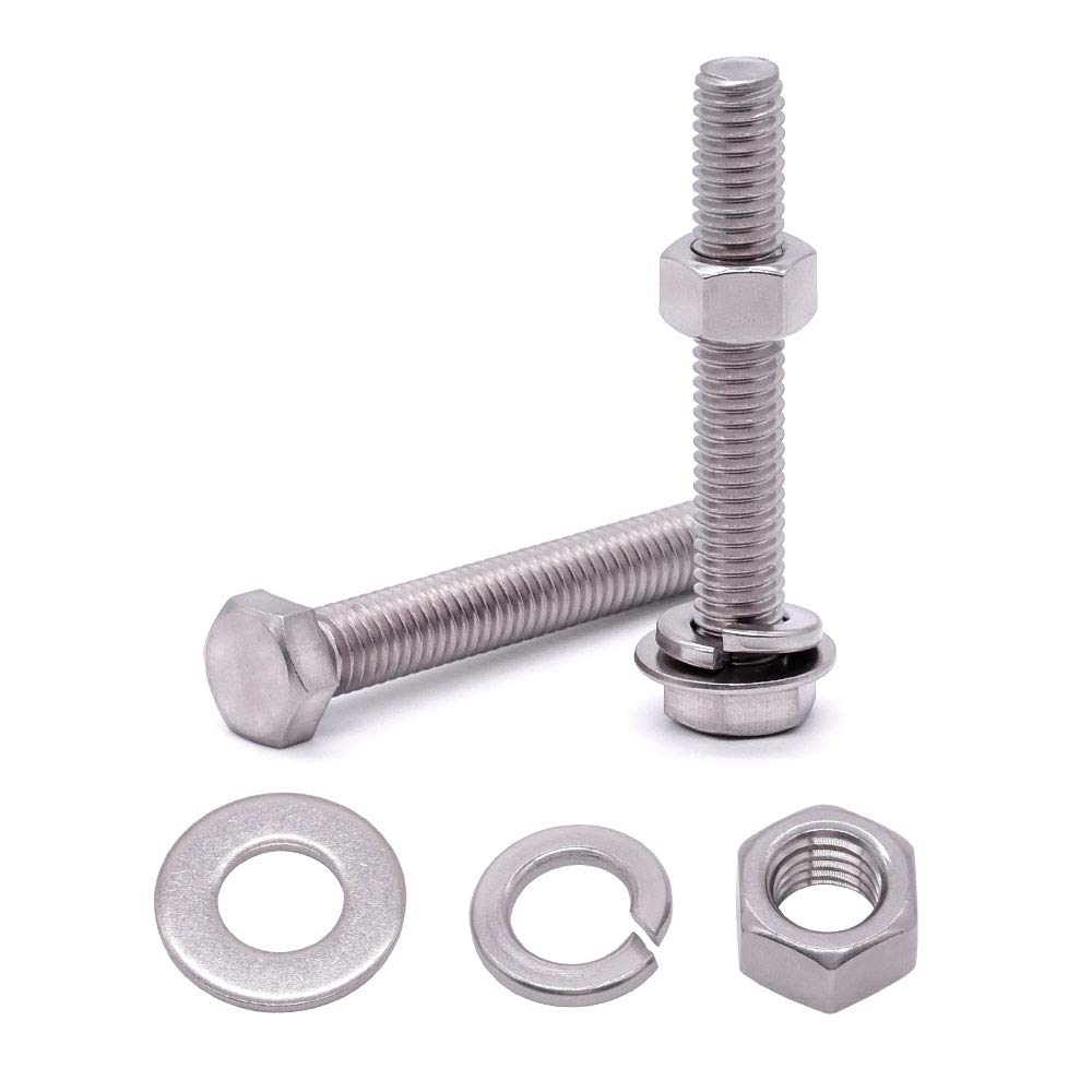 M10 x 40mm (8 Sets) Stainless Steel Hex Bolts with Hex Nuts, Flat Washers and Lock Washers, Hexagon Bolts with Nuts and Washers, Full Thread Coveraage, Coarse Thread UNC