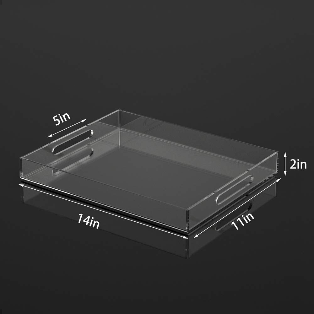 Acrylic Serving Tray 11x14 Inches -Spill Proof- Clear Decorative Tray Organiser for Ottoman Coffee Table Countertop with Handles