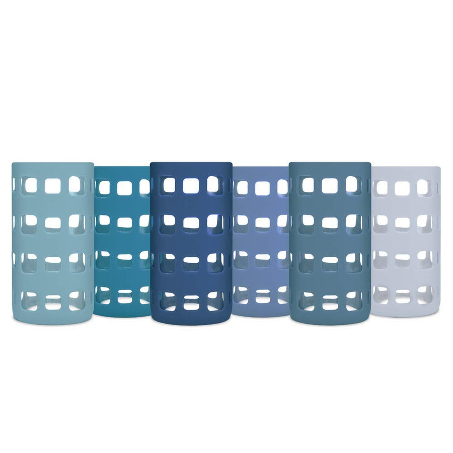 Silicone Glass Water Bottle Sleeves - 6-Pack of Protective Holders 16-18 oz Capacity - Anti-Slip Protection for Beverage Containers - Insulating Carriers for Smoothies and Juices (Ocean Blues)