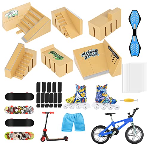 Fingerboard Skate Park Set 18 Pcs - Finger Skateboard Deck Ramp Set 8 Pieces Bigger & Mini Finger Toys Kit Handboards Scooter Skates Bike Caster Board Skateboards for Kids Gifts