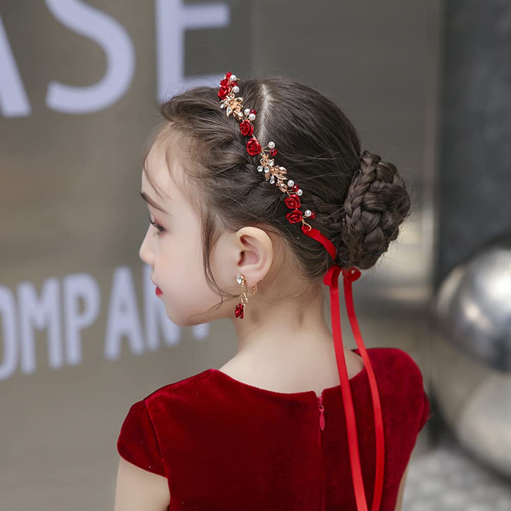 2 Pcs Red Flower Crown Headband Rhinestone Pearl Tiara Red Rose Bride Crown Crystal Red Headband Wedding Headpiece Hair Jewelry for Women