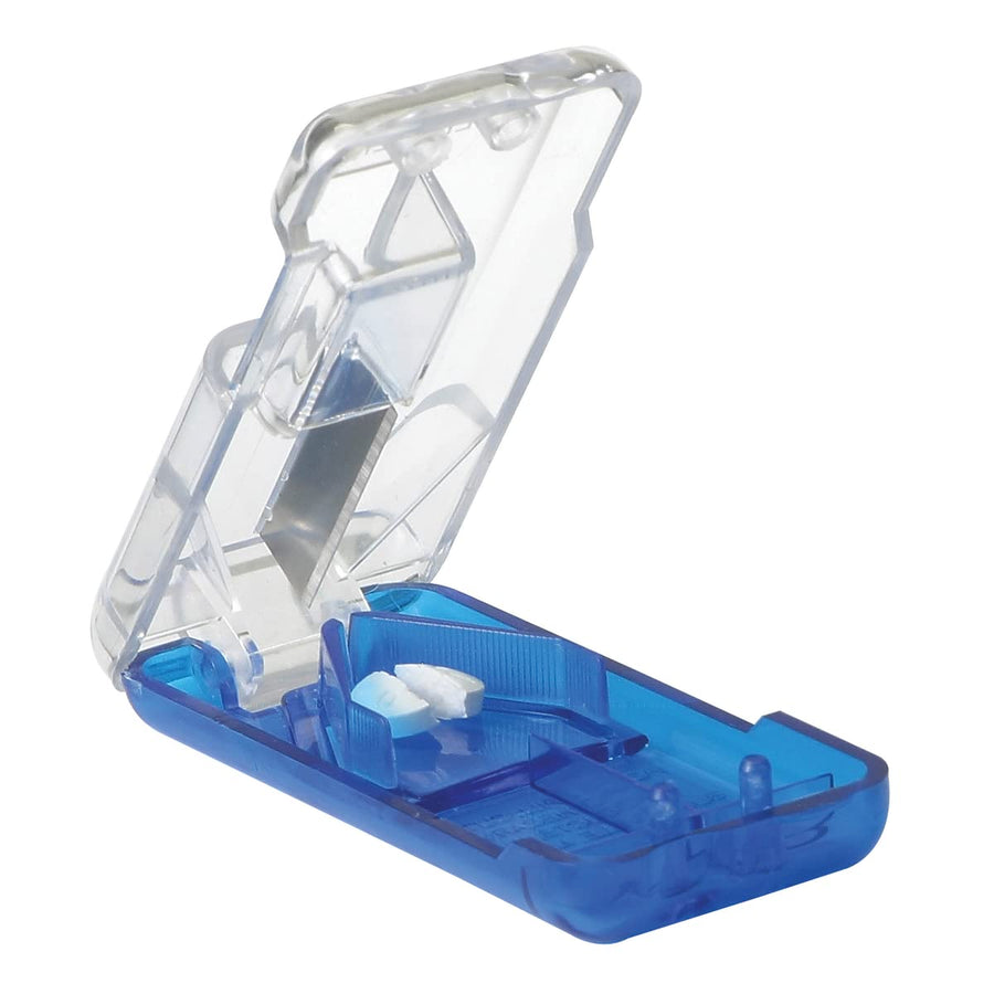 Pill Cutter and Splitter with Dispenser, Daily Usage, Safely Cut Pills, Vitamins, Tablets, Accurate and Easy Cutting, Stainless Steel Blade, Travel Sized, Blue, BPA Free