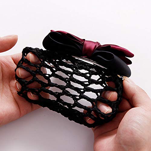 9 Pieces Bowknot Snood Net Barrette Hair Clip Bun Cover Hairnet Lace Bow Decor for Woman, Black