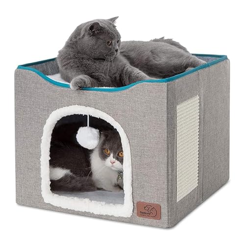 Cat Beds for Indoor Cats - Large Cat Cave for Pet Cat House with Fluffy Ball Hanging and Scratch Pad, Foldable Cat Hideaway,16.5x16.5x13 inches, Grey
