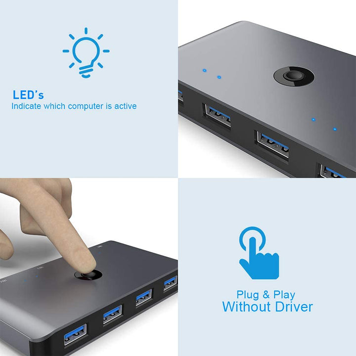 USB 3.0 Switcher Selector 4 Computers Sharing 4 USB Devices Aluminum KVM Switch Hub Adapter for Mouse Keyboard Scanner Printer PC, KVM Console Box with One Button Swapping and 4 Pack USB Cable