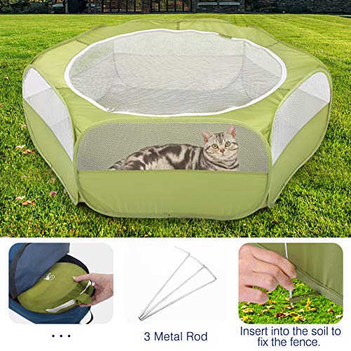 Small Animals Playpen, Waterproof Small Pet Cage Tent with Zippered Cover, Portable Outdoor Yard Fence with 3 Metal Rod for Chick/Kitten/Puppy/Guinea Pig/Rabbits/Hamster/Chinchillas,Green