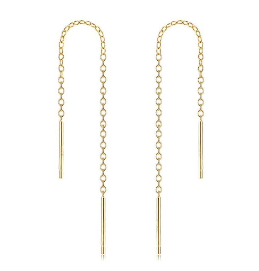 2pcs Real Gold Plated Sterling Silver Hypoallergenic Threader Earrings Pull Through Threaded Long Chain Drop Tassel 2 inch Minimalist Ear Thread Women Jewelry SSE82-2