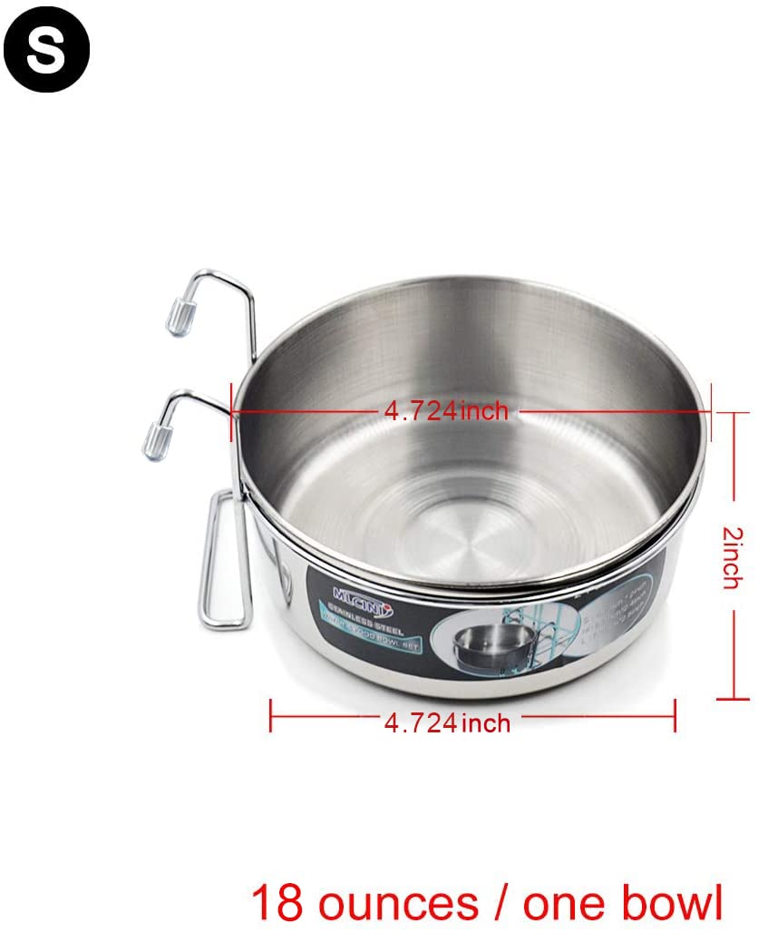Hanging Pet Bowl, 3 Size 2 Pack Non Spill Stainless Steel Food Water Bowls Bunny Feeder with Hook for Dogs Cats in Crate, Cage & Kennel (S/18 Ounce)