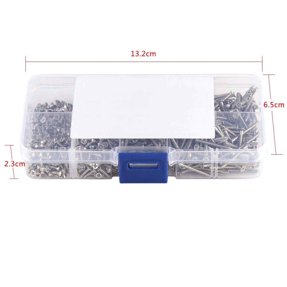 800pcs M2 Flat Head Screws Cross Drive Flat Head Self Tapping Screws Woodworking Fastener with Box
