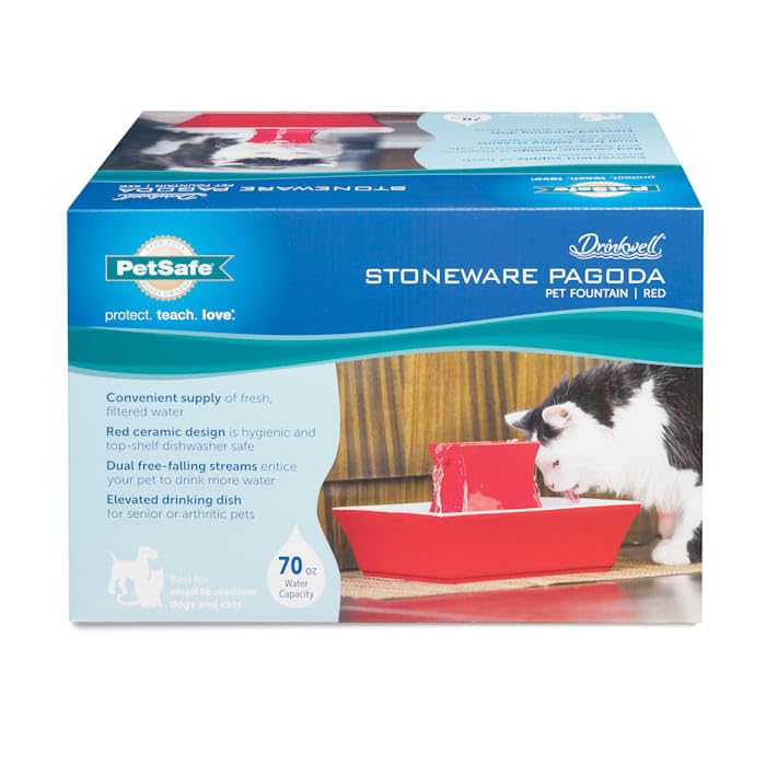Drinkwell Pagoda Pet Fountain - From in Knoxville, TN - Dog Water Bowl Dispenser - Multiple Angles to Drink From - Filters Included - Dog Fountain Provides Water When Power’s Out - Red