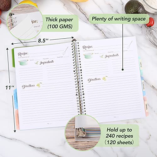 Recipe Book to Write in Your Own Recipes, 8.5 x 11 Personal Blank Recipe Notebook, Removable Hardcover Recipe Journal Book Binder with 8 Dividers and 24 Tabs, Hold up to 240 Recipes