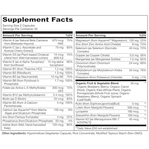 Teen Multivitamin - Whole Food Multivitamin - with Minerals for Teenage Boys & Girls - Supplement for Active Kids - Non-GMO - Vegan & Vegetarian - 60 Capsules