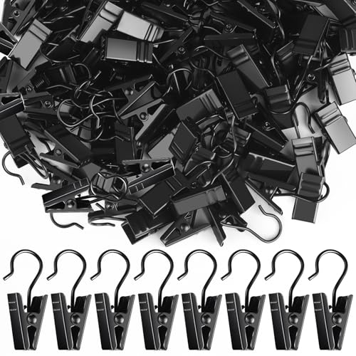 100 Pack Small Curtain Clips Curtain Hooks for Outdoor String Lights, Stainless Steel Clips for Hanging Curtain Hooks for Drapes, Black