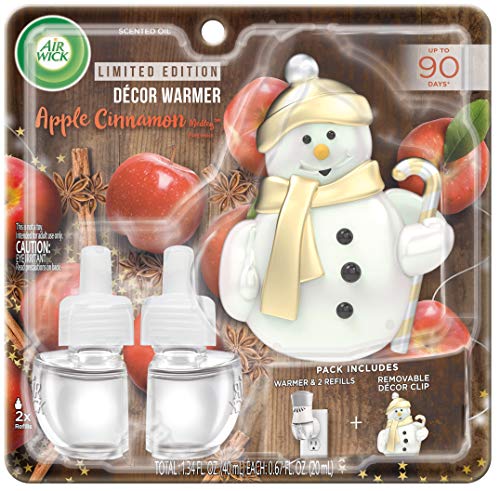 Plug in Scented Oil Starter Kit with Snowman Free Decorative Warmer + 2 Refills, Apple Cinnamon, Fall Scent, Fall Spray, (2x0.67oz), Essential Oils, Air Freshener