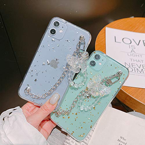 Girl Women Beautiful Gold Foil Goldleaf Transparent TPU Phone Case +Metal Bracelet Chain +Butterfly Lanyard, for iPhone 11, Full Protection (Scratch-Resistant &Shockproof) -Silver