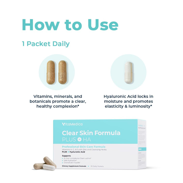 Vitamedica Clear Skin Formula +HA - Daily Supplements Packets, 30-Count