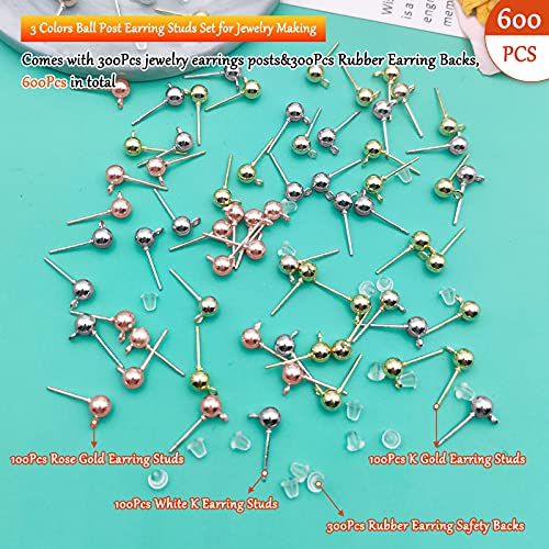 600Pcs Ball Post Earring Studs Set for Jewelry Making,300Pcs Earring Studs Ball Ear Pin Ball Post Earrings with Loop with 300Pcs Rubber Earring Back Replacements for DIY Jewelry Making Findings