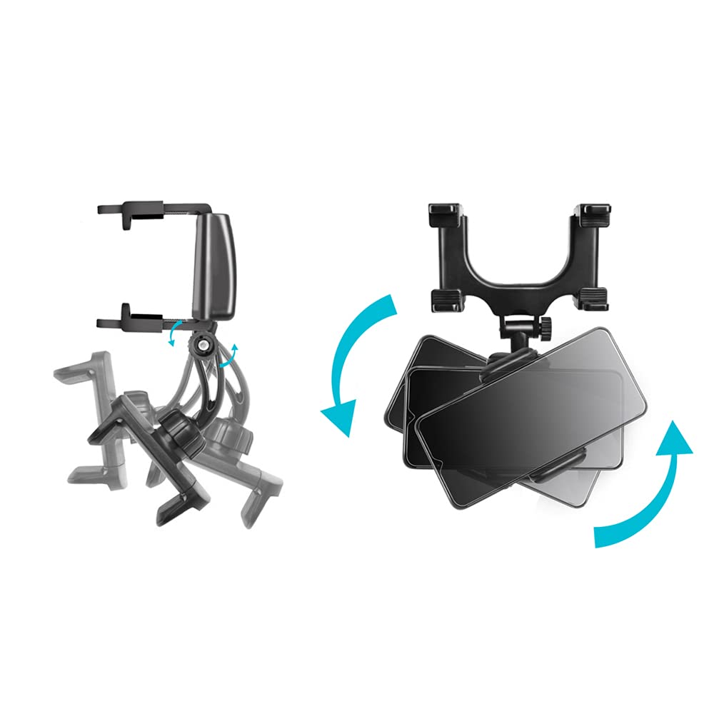 Rear View Mirror Phone Holder Mount, Car Phone Bracket/Stand with 270° Swivel and Adjustable Clips, Universal Smartphone Cradle, Black