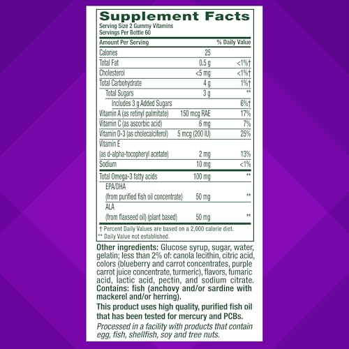 Omega-3 Gummy Vitamins, Berry Lemonade Flavored, Heart Health Vitamins(1) With Omega 3 EPA/DHA and Vitamins A, C, D and E, America’s Number 1 Vitamin Brand, 60 Day Supply, 120 Count