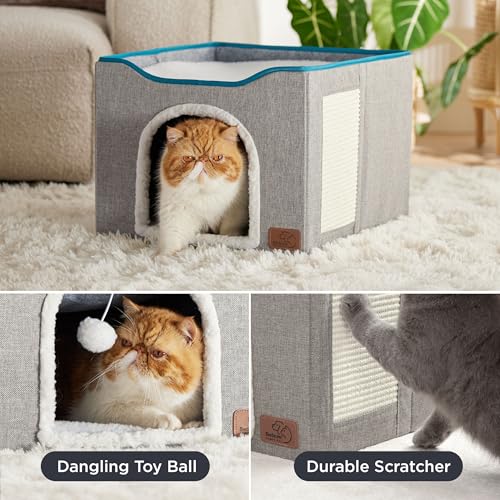 Cat Beds for Indoor Cats - Large Cat Cave for Pet Cat House with Fluffy Ball Hanging and Scratch Pad, Foldable Cat Hideaway,16.5x16.5x13 inches, Grey