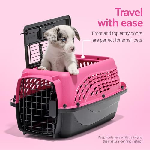 Dog Crates for Small Dogs & Cat Carriers, Two-Door Plastic Pet Kennel, Top & Front Loading, Made in USA, 19, Pink