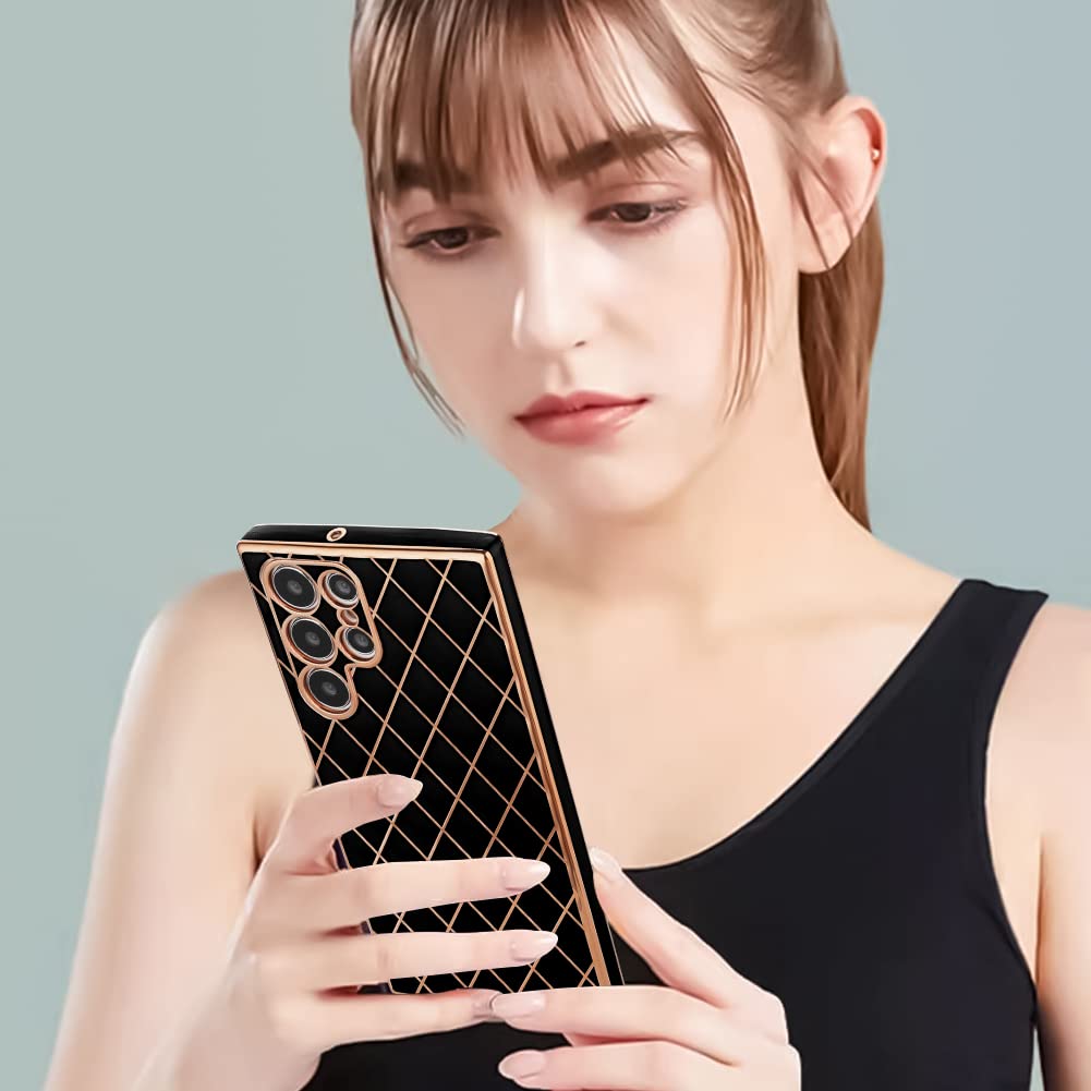 Compatible with Galaxy S22 Ultra Case,Luxury Plating Lattice Design with Slim Soft Back TPU Bumper,Camera Lens Protection Phone Case Cover for Samsung Galaxy S22 Ultra-Black