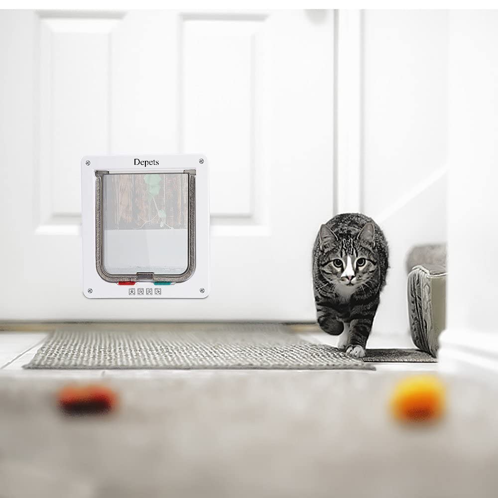 Medium Cat Flap Door with 4 Way Lock (Outer Size 7.5 x 7.8), Magnetic Pet Door Kit White, Weather-Resistant Cat Door for Cats & Doggy