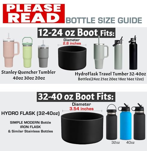 Boot Sleeve for Hydro Flask Bottles & Travel Tumbler-Stanley Quencher Tumblers-Owala & Simple Modern Tumblers, Anti-Slip Protective Cover (Black, Fits Hydro 12-24oz/Stanley 40oz Quencher)