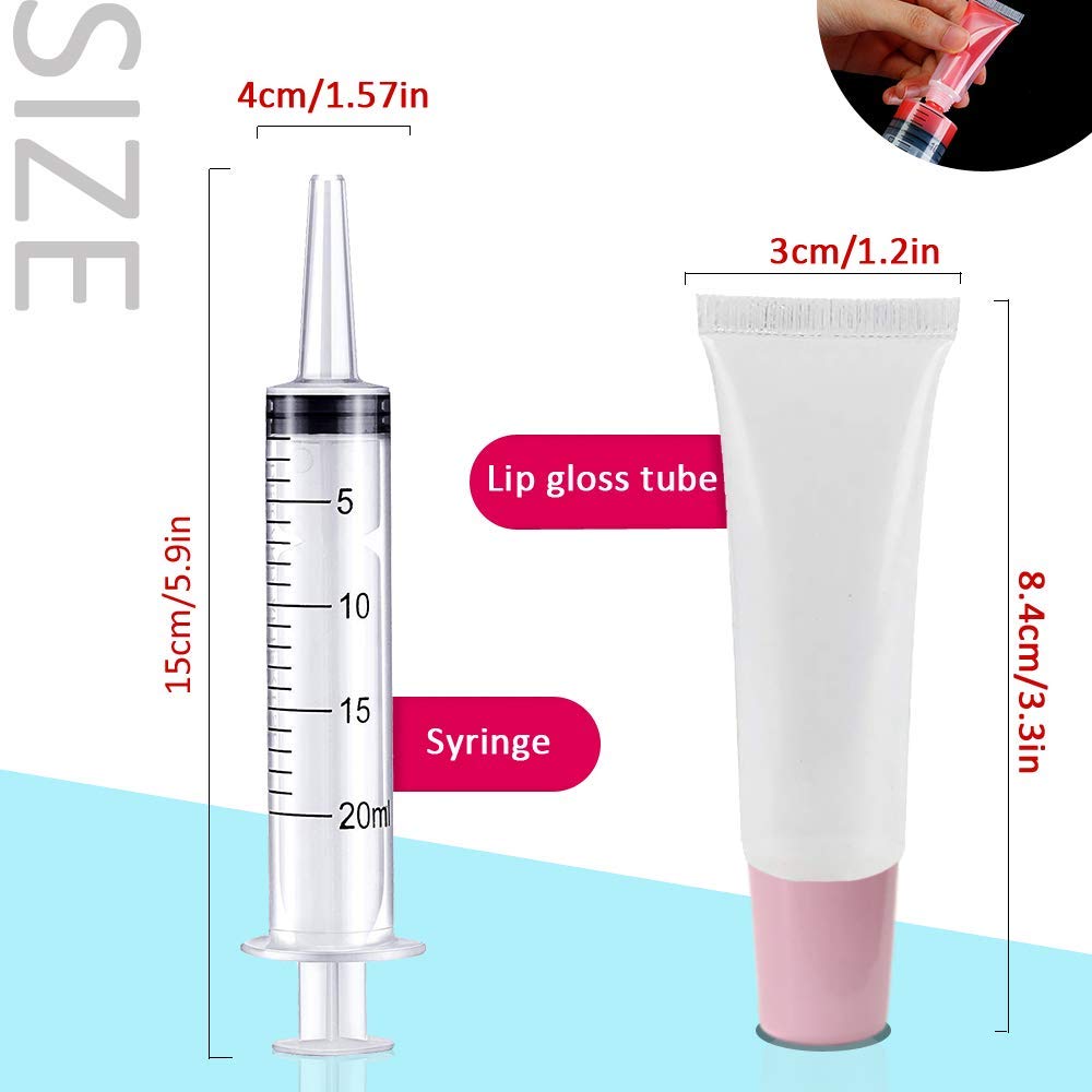 50PCS Lip Gloss Tubes Empty 10ml Pink Cap Lip Gloss Containers Lip Balm Tubes Cute Squeeze Tubes Lipgloss Making Supplies + 2 x 20ml Syringes Tag Labels for Lip Gloss Base