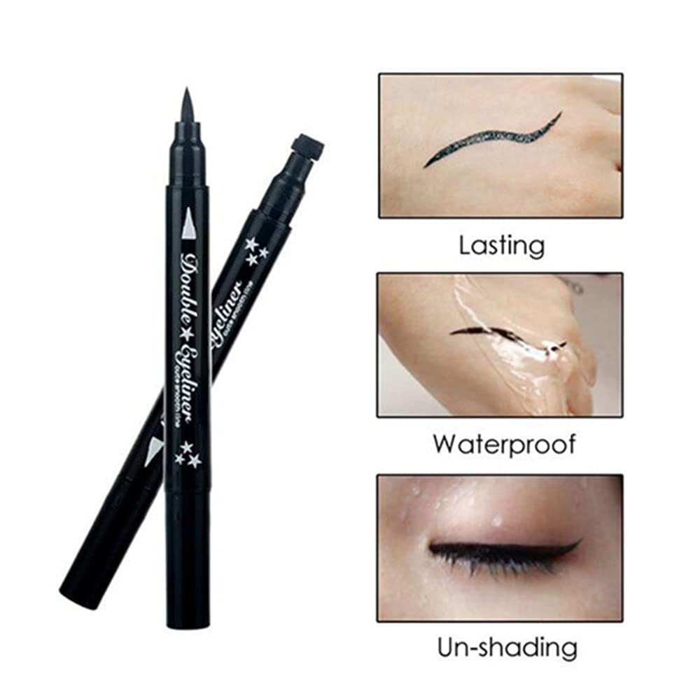 2 in 1 Double-headed Liquid Eyeliner Pen Stamp Super Slim Gel Felt Tip High Pigment Black Waterproof Smudgeproof Long Lasting Tattoo Makeup Tool(Star)
