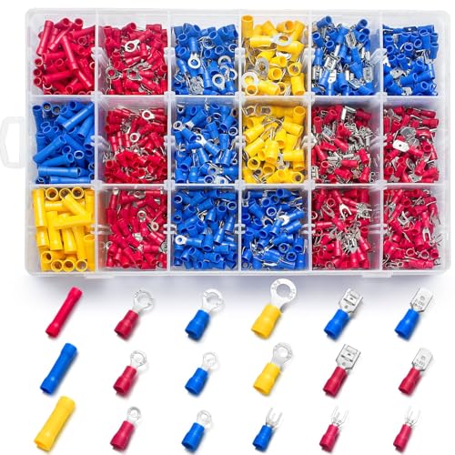 1200PCS Electrical Connector Kit- Automotive Insulated CrimpTerminals Connectors for Wiring Mixed Ring Fork Spade Butt Connector Set