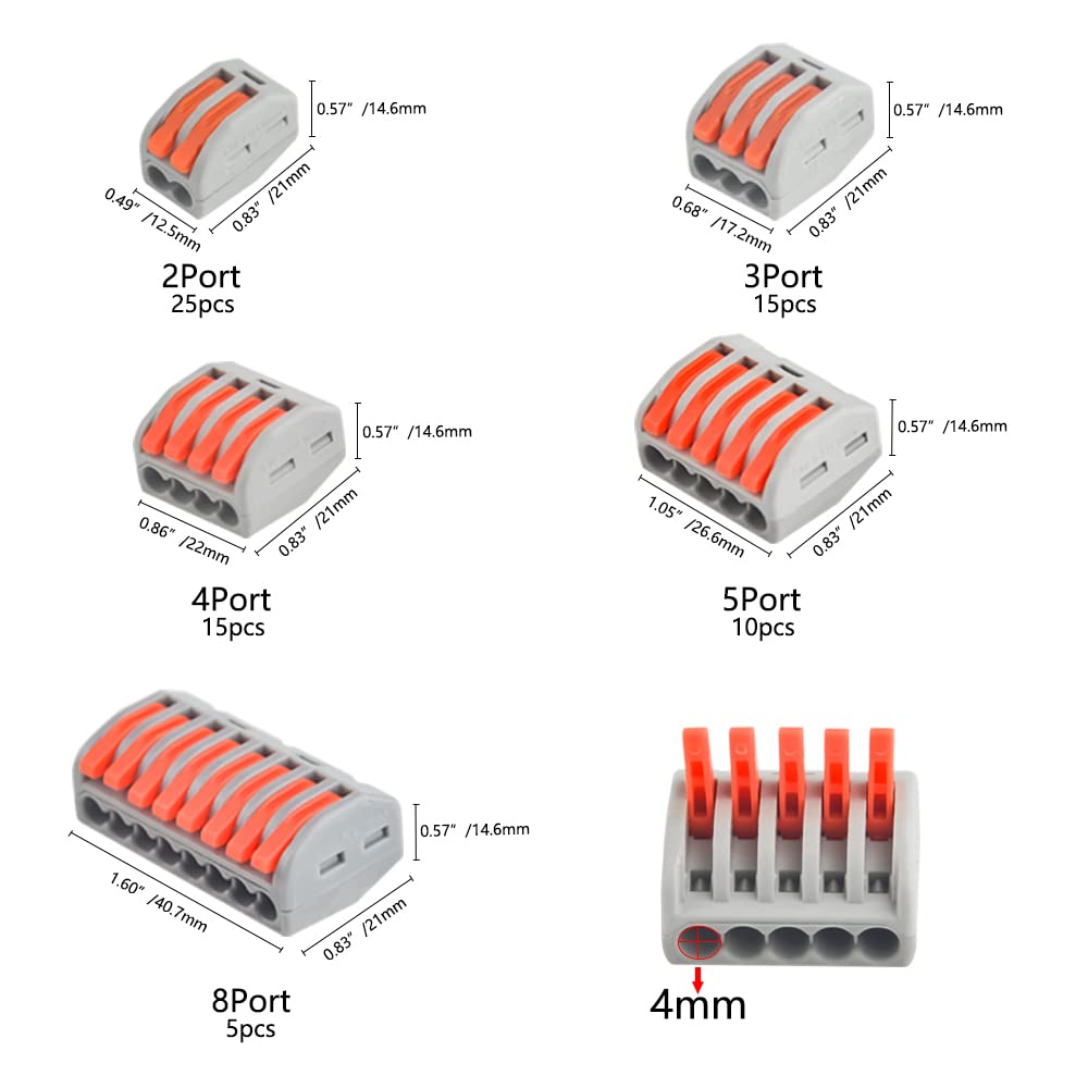 70 PCS Lever Nut Assortment Lever Wire Connector Nuts Conductor Compact Splicing Wire Connectors 2/3/4/5/8 Port