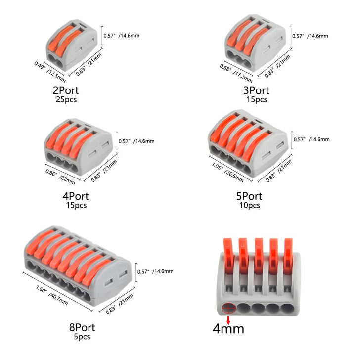 70 PCS Lever Nut Assortment Lever Wire Connector Nuts Conductor Compact Splicing Wire Connectors 2/3/4/5/8 Port