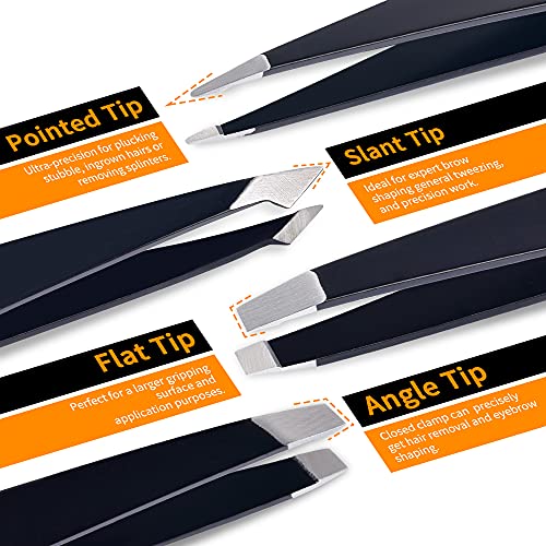 Tweezers Set and Curved Scissors, Professional Stainless Steel Tweezers for Women and Men, 6 Pack Precision Tweezers For Eyebrows for Ingrown Hair, Daily Beauty Tool with Leather Travel Case