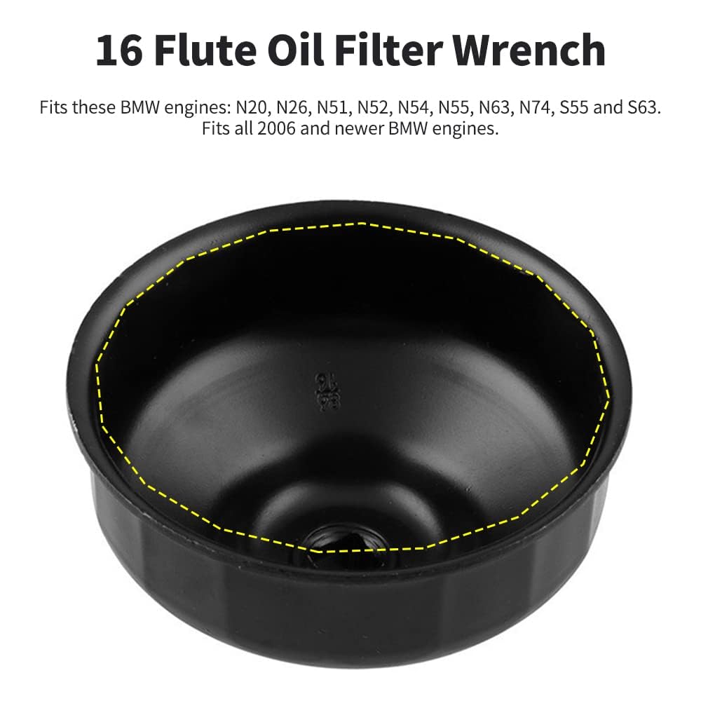3.39inch/86mm 16 Flutes Aluminium Oil Filter Wrench for BMW, Oil Filter Housing Cap Removal Tool for N20, N26, N51, N52, N54, N55, N63, N74, S55, S63 BMW Engines (Black)