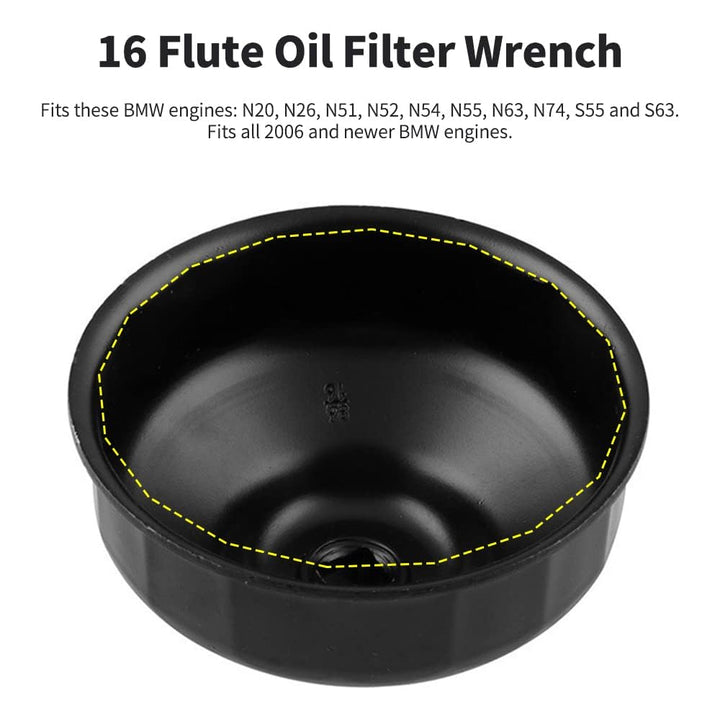 3.39inch/86mm 16 Flutes Aluminium Oil Filter Wrench for BMW, Oil Filter Housing Cap Removal Tool for N20, N26, N51, N52, N54, N55, N63, N74, S55, S63 BMW Engines (Black)