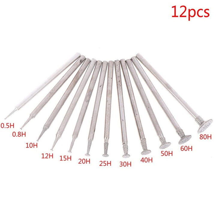 12Pcs 2.35mm(3/32'') Shank Diamond Coated Grinding Burr Needle Point Bit Set, Diamond Mounted Burr Rotary Tool Set for Jade, Jewelry, Stone, Ceramic Grinding/Carving/Polishing/Engraving
