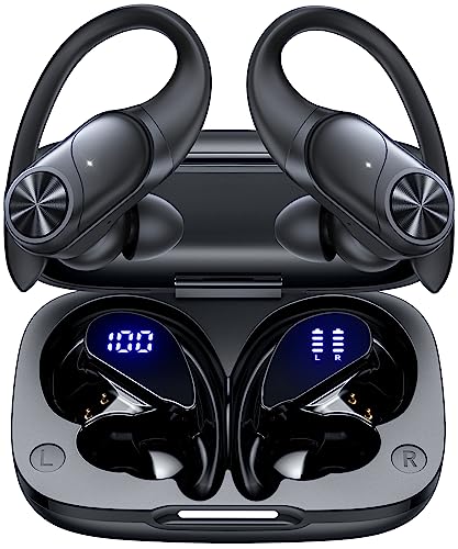 Bluetooth Headphones Wireless Earbuds 80hrs Playtime Wireless Charging Case Digital Display Sports Ear Buds with Earhook Deep Bass IPX7 Waterproof Over-Ear Earphones for TV Phone Laptop Black