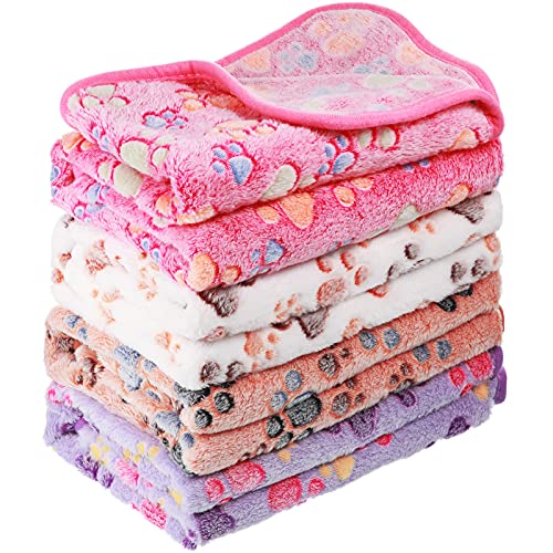 4 Pcs Dog Blanket Pet Puppy Blanket Puppy Teething Toys Paw Print Fleece Blanket for Pet Cat Soft Warm Sleep Mat Guinea Pig Cage Blanket(Medium(30 x 20.5 Inch),White, Coffee, Pink, Purple)