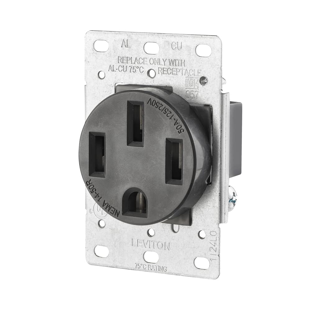 Leviton 279-S00 50 Amp, 125/250V, Nema 14-50R, 3P, 4W, Flush Mounting Receptacle, Straight Blade, Industrial Grade, Grounding, Side Wired, steel Strap, Black