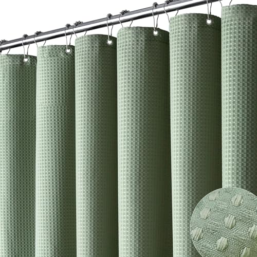 Sage Green Shower Curtain - Waffle Textured Heavy Duty Thick Fabric Shower Curtains for Bathroom, 256GSM Luxury Weighted Polyester Cloth Bath Curtain Set with 12 Plastic Hooks,72Wx72H,Green
