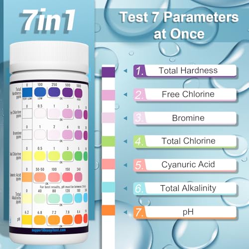 7-Way Pool Test Strips, 150 Strips Water Chemical Testing for Hot tub and Spa, Accurate Test Bromine, Total Alkalinity, pH, Free Chlorine, Total Hardness, Cyanuric Acid, and Total Chlorine