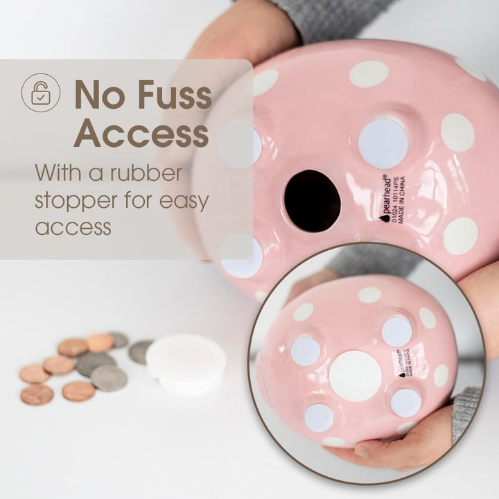 Large Ceramic Piggy Bank, Ideal for Boys and Girls, Kids Money and Coin Bank, Perfect Baby Girl Nursery Décor, Holiday Gift and Newborn Keepsake, Pink Polka Dots