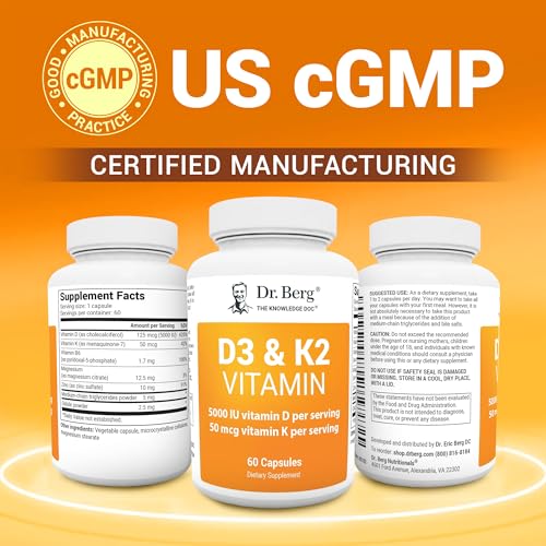 Dr. Berg D3 K2 Vitamin 5000 IU w/MCT Powder - Includes 50 mcg MK7 Vitamin K2, Purified Bile Salts, Zinc & Magnesium for Ultimate Absorption - K2 D3 Vitamin Supplement - 60 Capsules