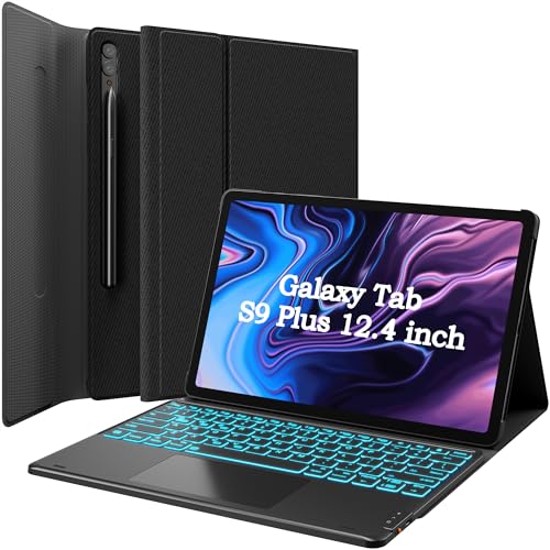 Samsung Galaxy Tab S7 Fe (5G) Case with Keyboard, Tab S8 Plus S7 Plus, DIY 7 Color Backlit, Smart Touchpad, Detachable Magnetic Keyboard Case with S Pen Holder, Black