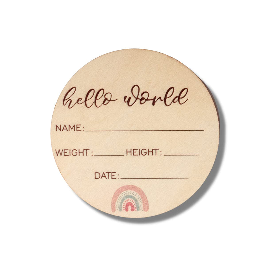 Birth Announcement Sign - Hello World Newborn Sign - Celebrate The Arrival of Your Baby with This Baby Annoucement Sign - Record Birth Details on This Round Wooden Disc - Baby Name Announcement Sign