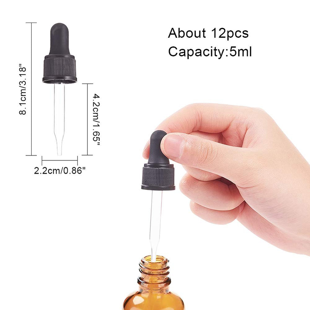 Set of 12, Glass Eye Droppers for Essential Oil 15ml (1/2 Ounce) Pressure Rotating Cover Oil Droppers Pipettes Roller Tops for Essential Oil Bottles